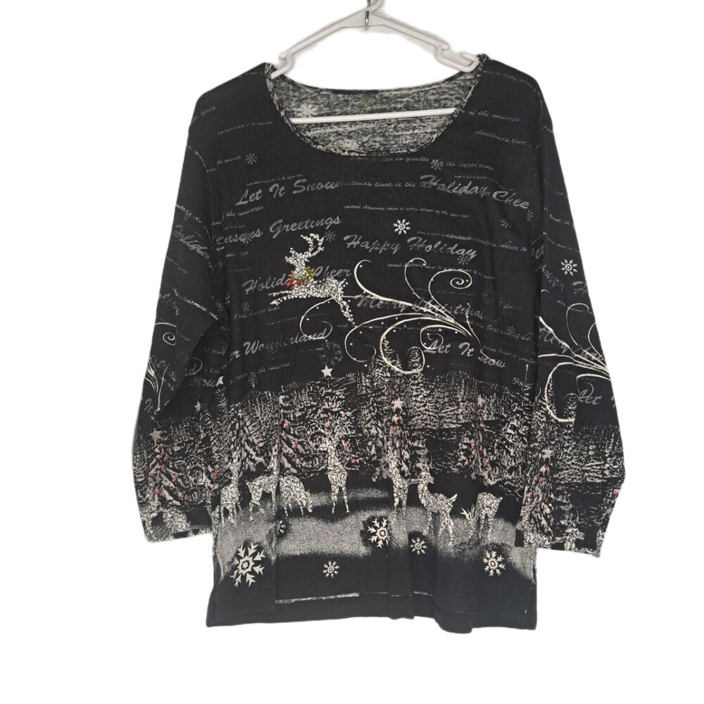 Jane Ashley Women's 1X Black Christmas Holiday Reindeer Glitter Rhinestone Top
